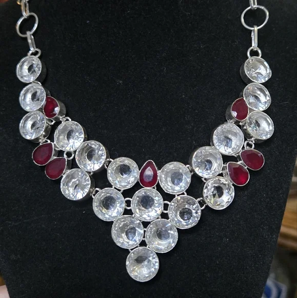 Quarts & garnet sterling silver bib necklace - Picture 9 of 12